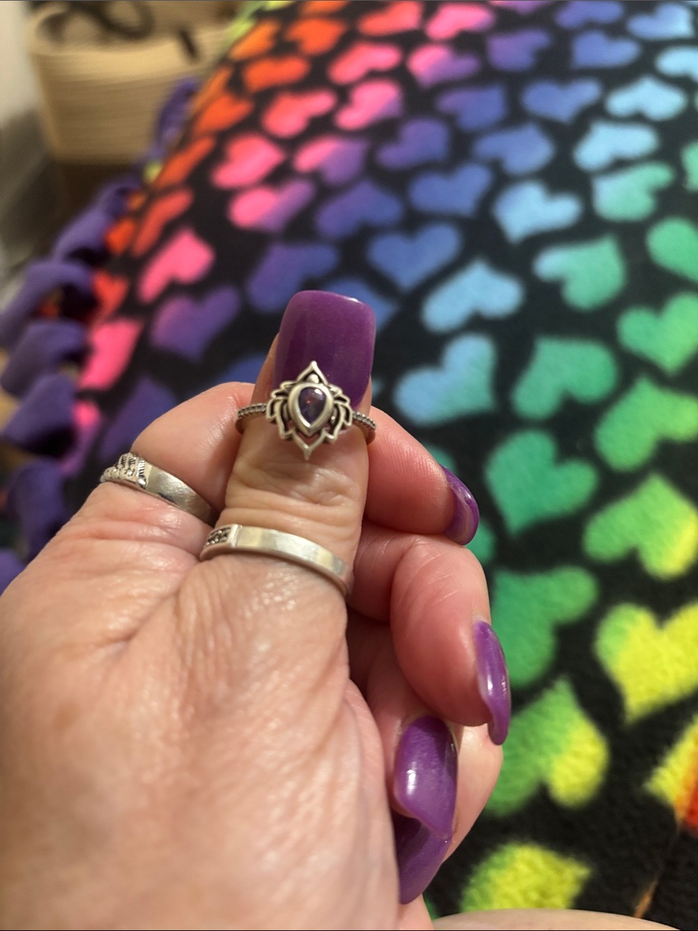 Sterling Silver Lotus Teardrop Ring with Purple Stone